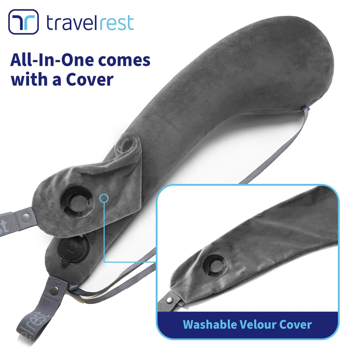 Travelrest inflatable neck pillow for airplane in gray offers quick, compact setup.