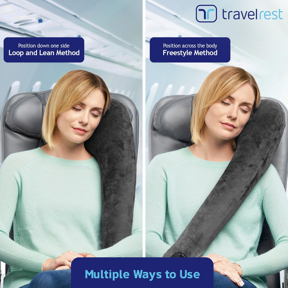 Travelrest nap-friendly travel pillow in gray ideal for in-flight naps.