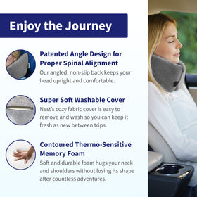 TRAVELREST Nest memory foam closeup emphasizing thermo-sensitive comfort and neck support.