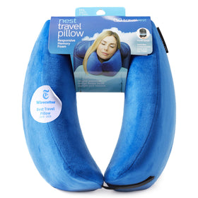 TRAVELREST Nest blue neck pillow front view shows ergonomic support for flights