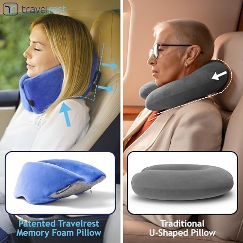 TRAVELREST Nest blue in-flight use shows comfortable neck support