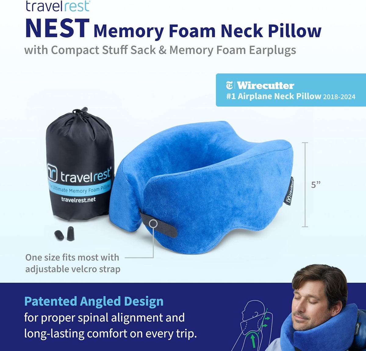 TRAVELREST Nest blue neck pillow side view demonstrates memory foam comfort on long journeys