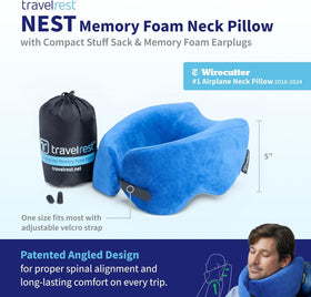 TRAVELREST Nest blue neck pillow side view demonstrates memory foam comfort on long journeys