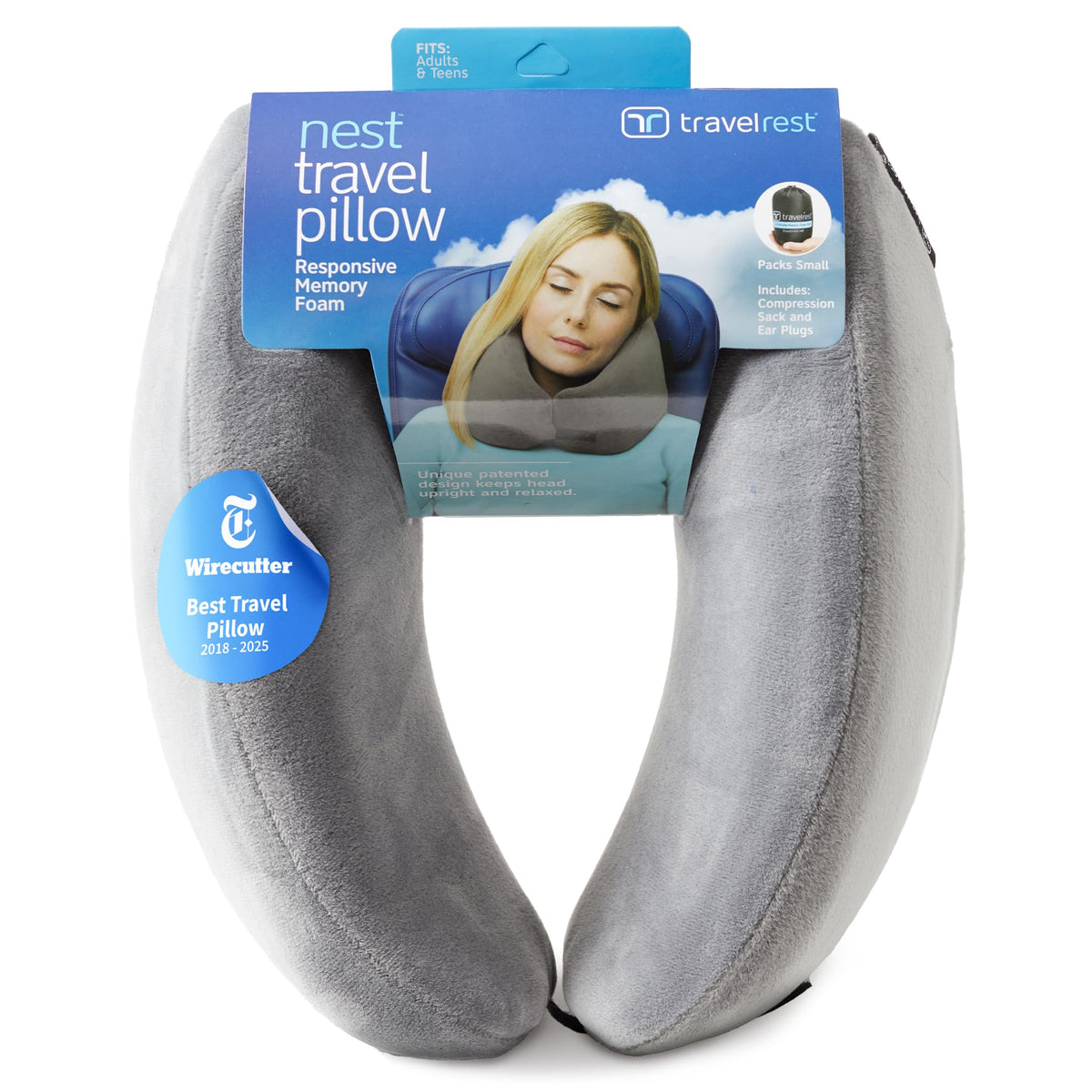TRAVELREST Sleep Neck Pillow gray front view showing ergonomic support for long flights.