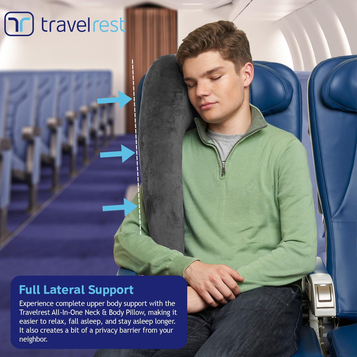 Travelrest travel essentials pillow use on flight in gray for on-the-go comfort.