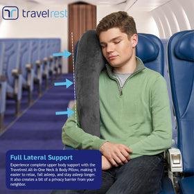 Travelrest travel essentials pillow use on flight in gray for on-the-go comfort.