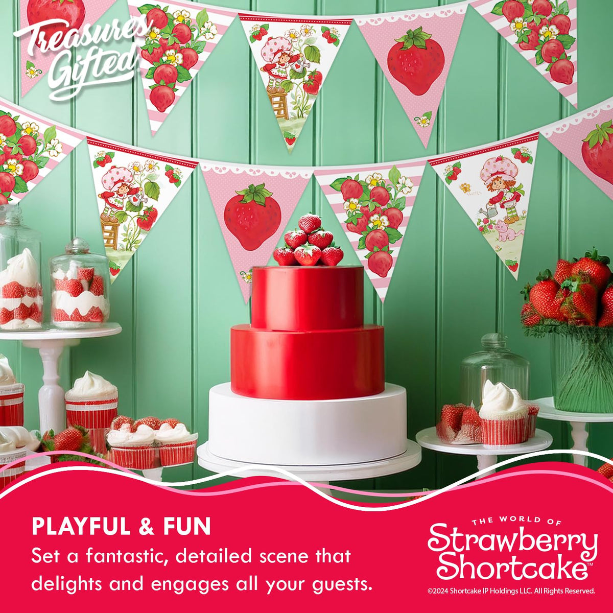 Treasures Gifted Strawberry Shortcake theme party setup in a space