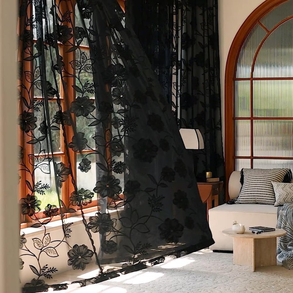 Treatmentex black sheer lace curtains with rose embroidery for elegant privacy.