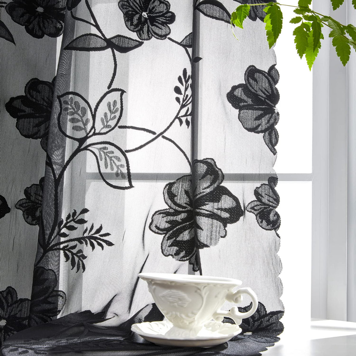 Treatmentex rose embroidery adds texture and visual interest.