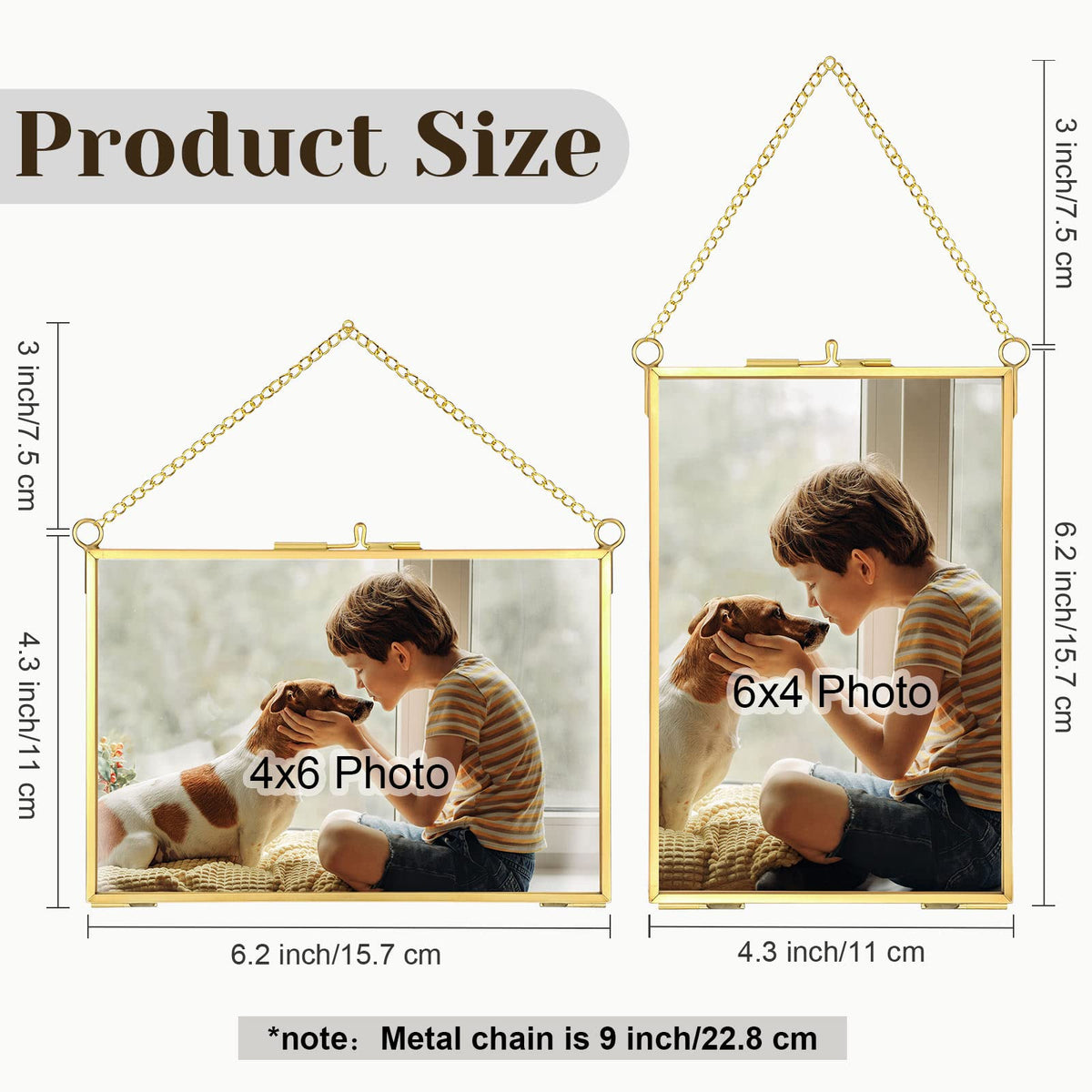 Treela vertical gold frame with floating glass effect for keepsakes.