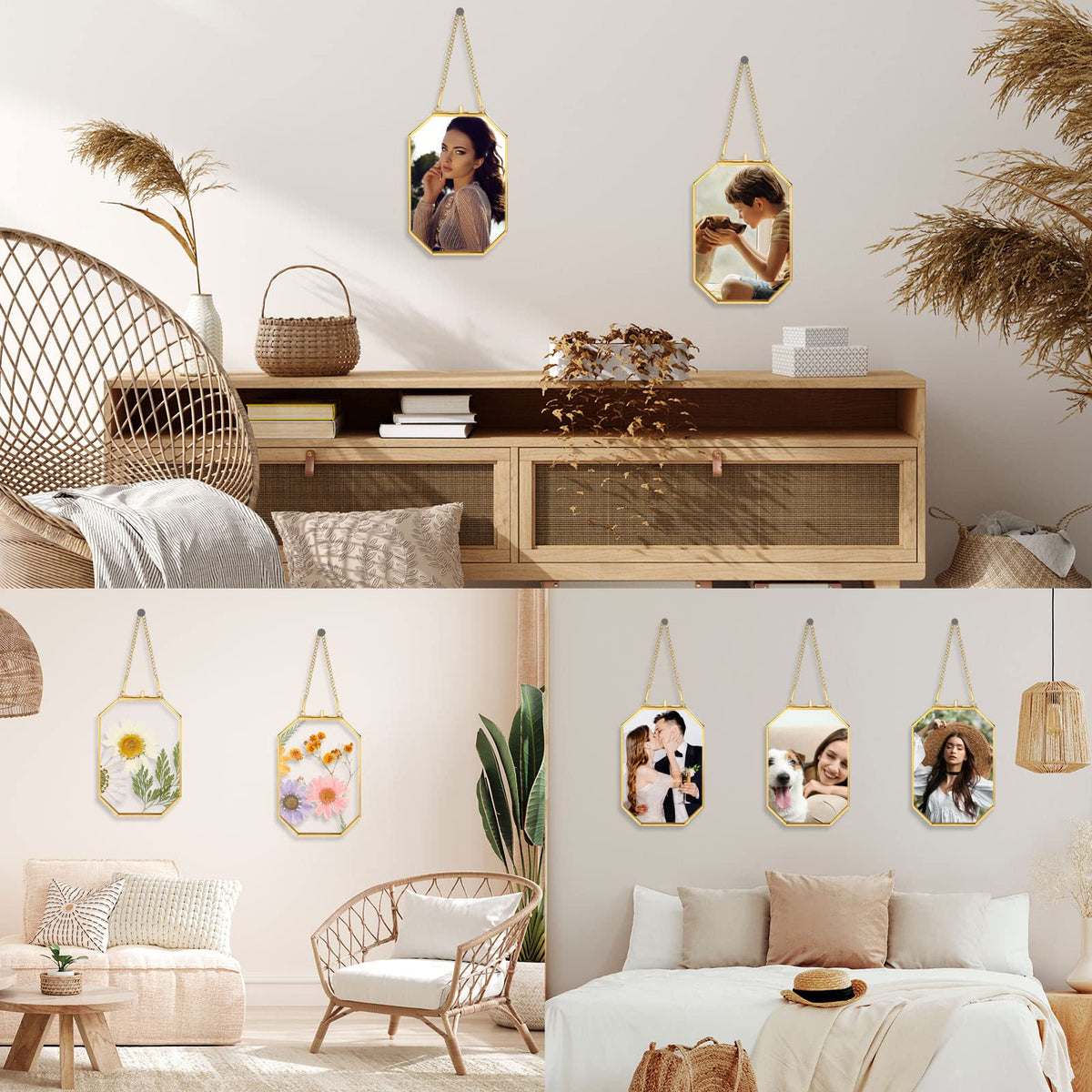 Treela versatile wall or tabletop decor frame adapts to photos, flowers, or art.