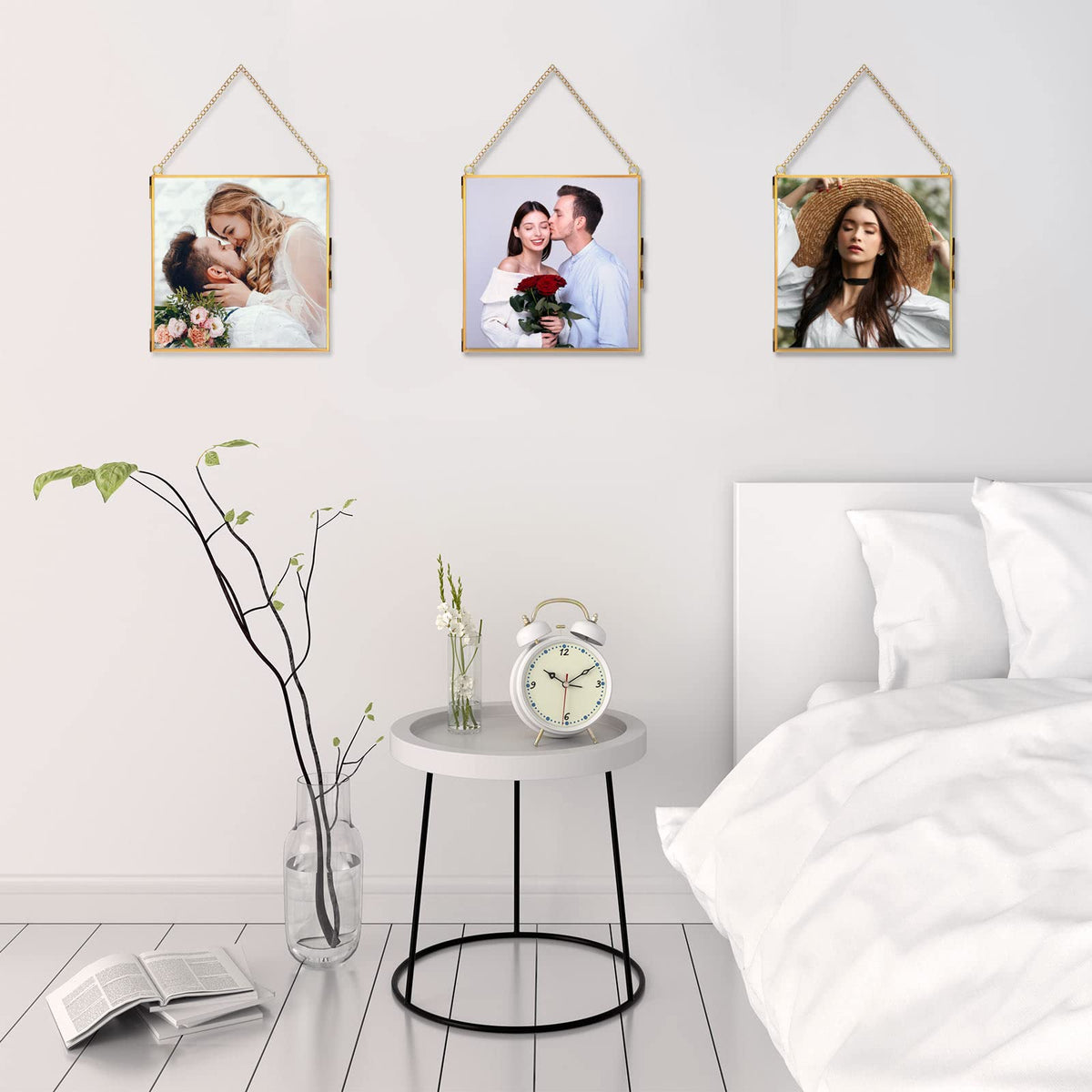 Treela wall-hanging frame with chain in gold finish for warm rooms.