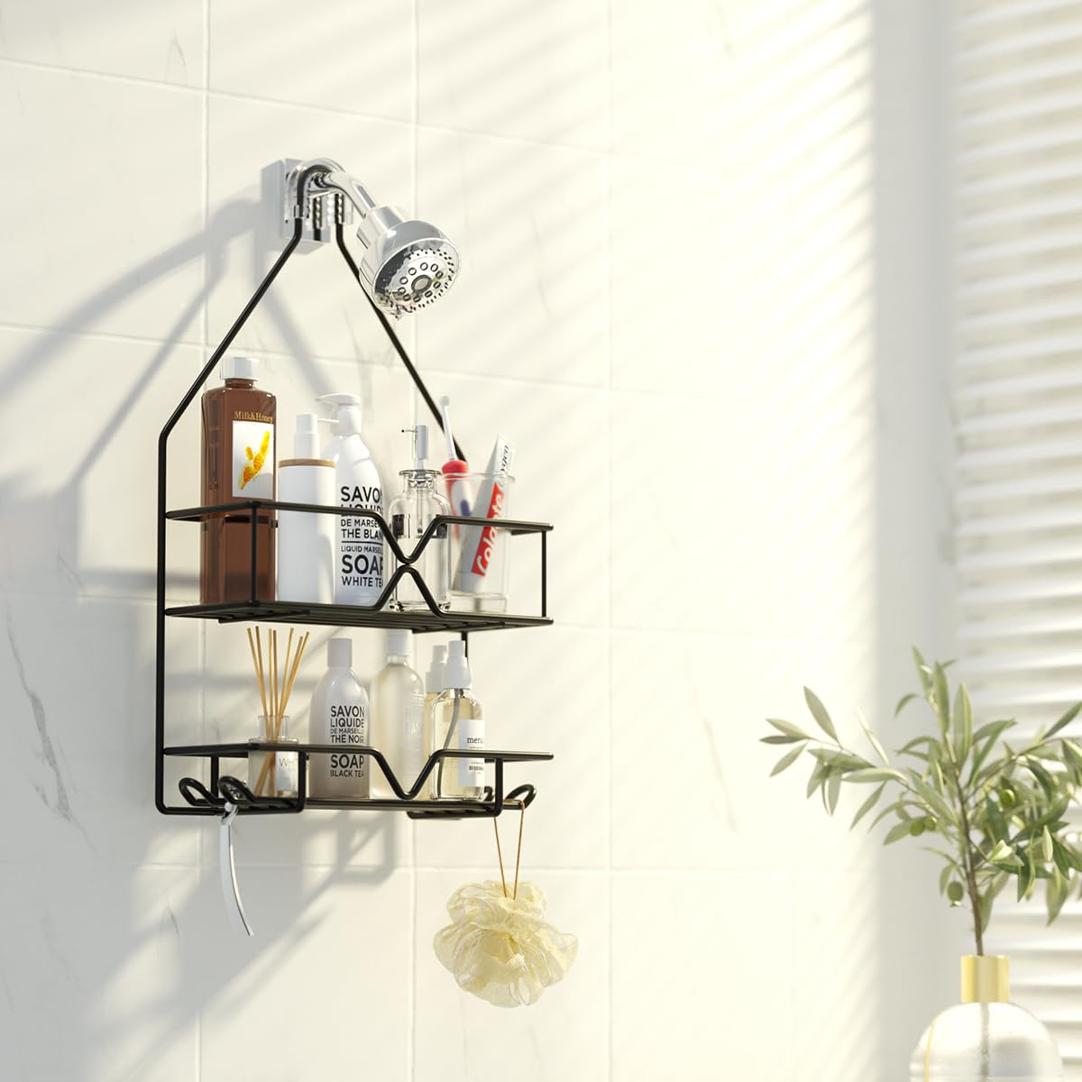 TreeLen install-free over shower arm offers secure, damage-free setup.