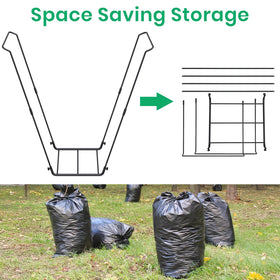TreeLen Heavy-base Bag Holder resists tipping during windy yard work.