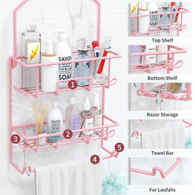 TreeLen pink caddy hooks for towels and loofahs after showers