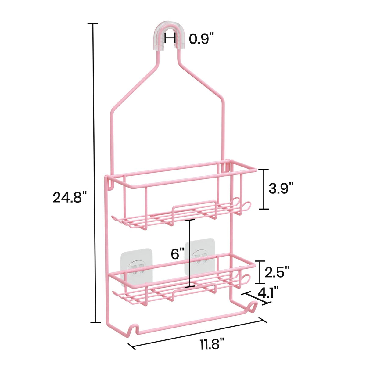 TreeLen pink over-head install keeps essentials reachable in shower