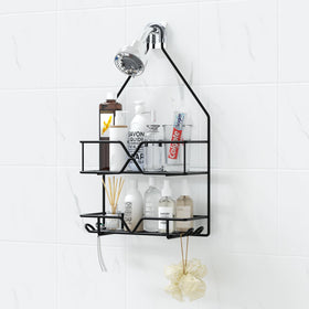 TreeLen shower organizer over head with deep basket for easy access.