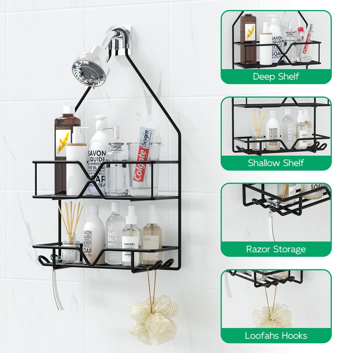TreeLen shower shelf with four hooks keeps razors and loofahs organized.