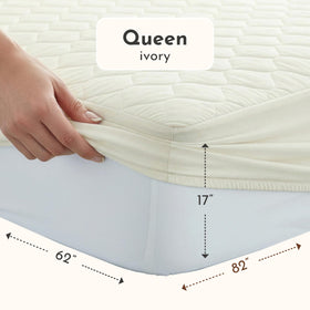 Treescend organic mattress protector closeup quilt shows soft padding guarding against spills.
