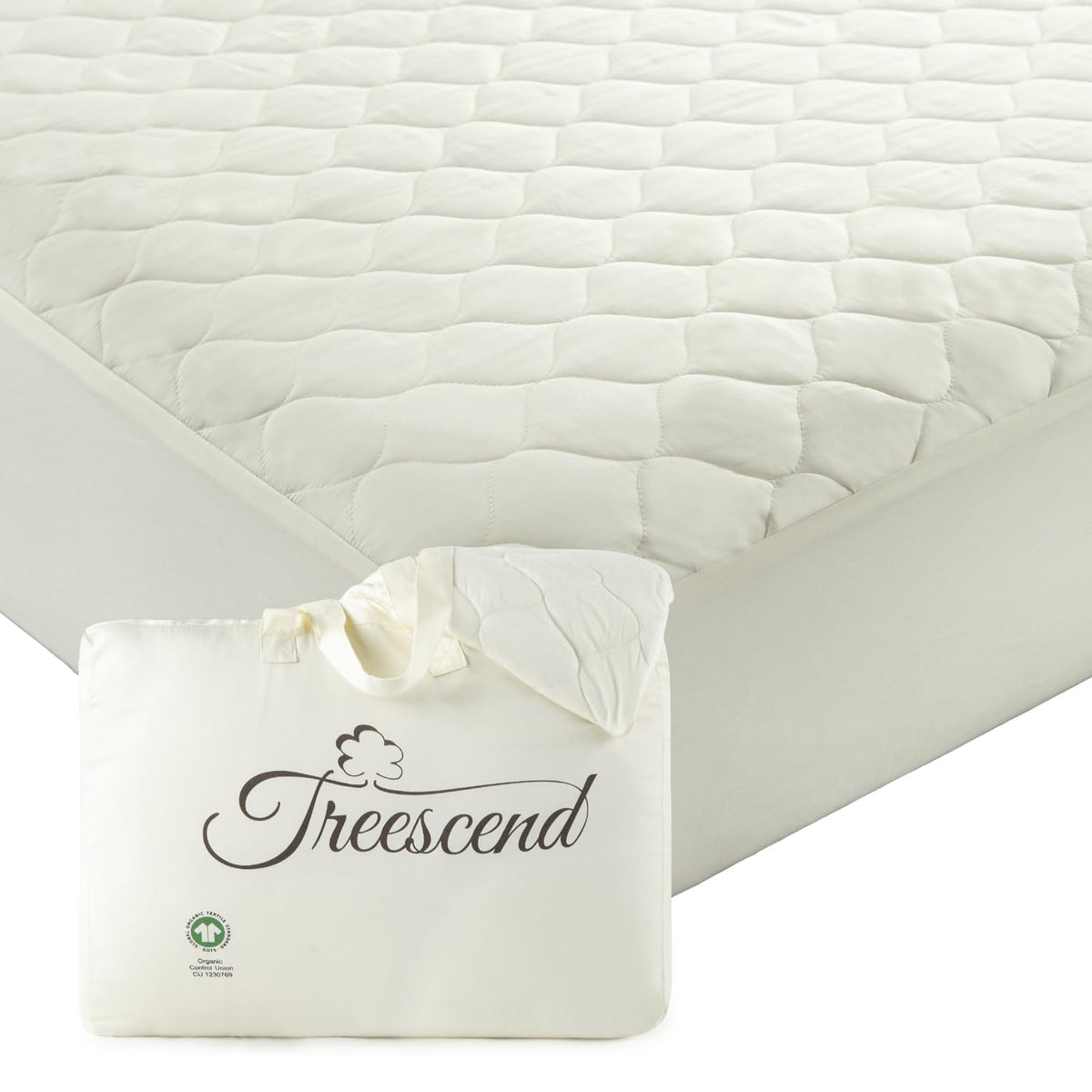 Treescend organic mattress protector in ivory queen flat lay with breathable surface.