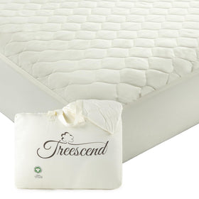 Treescend organic mattress protector in ivory queen flat lay with breathable surface.