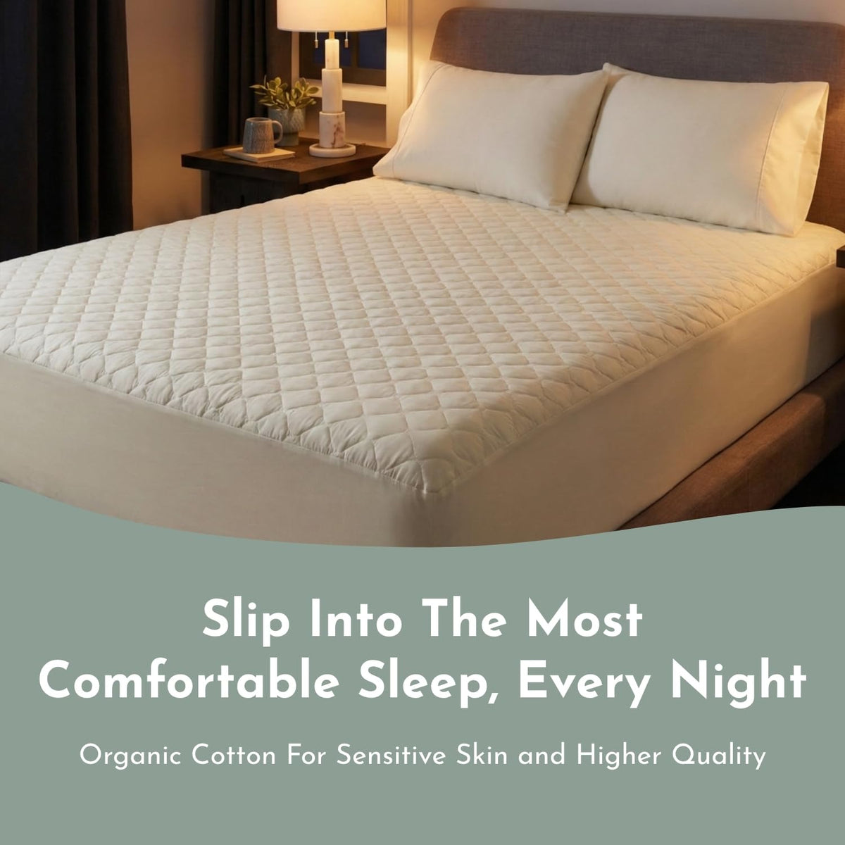 Treescend GOTS-certified cotton protector supports sustainable bedding choices.