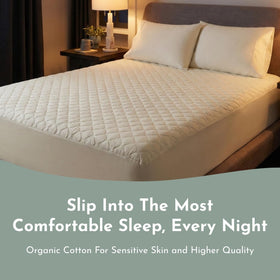 Treescend GOTS-certified cotton protector supports sustainable bedding choices.