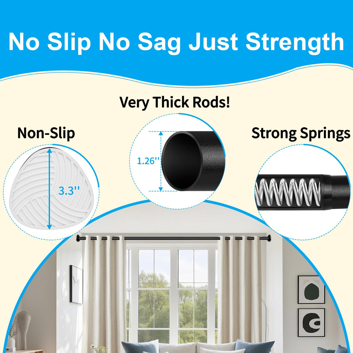 Treije black finish curtain rod complements modern living spaces.