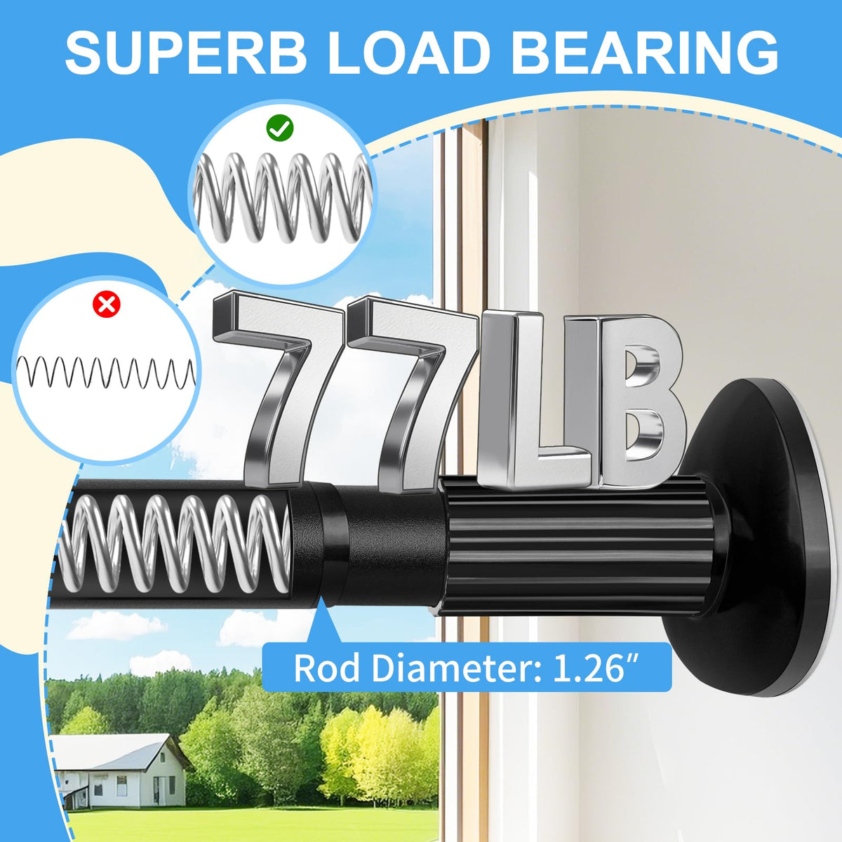 Treije tension rod with outdoor rustproof finish for patios and balconies.