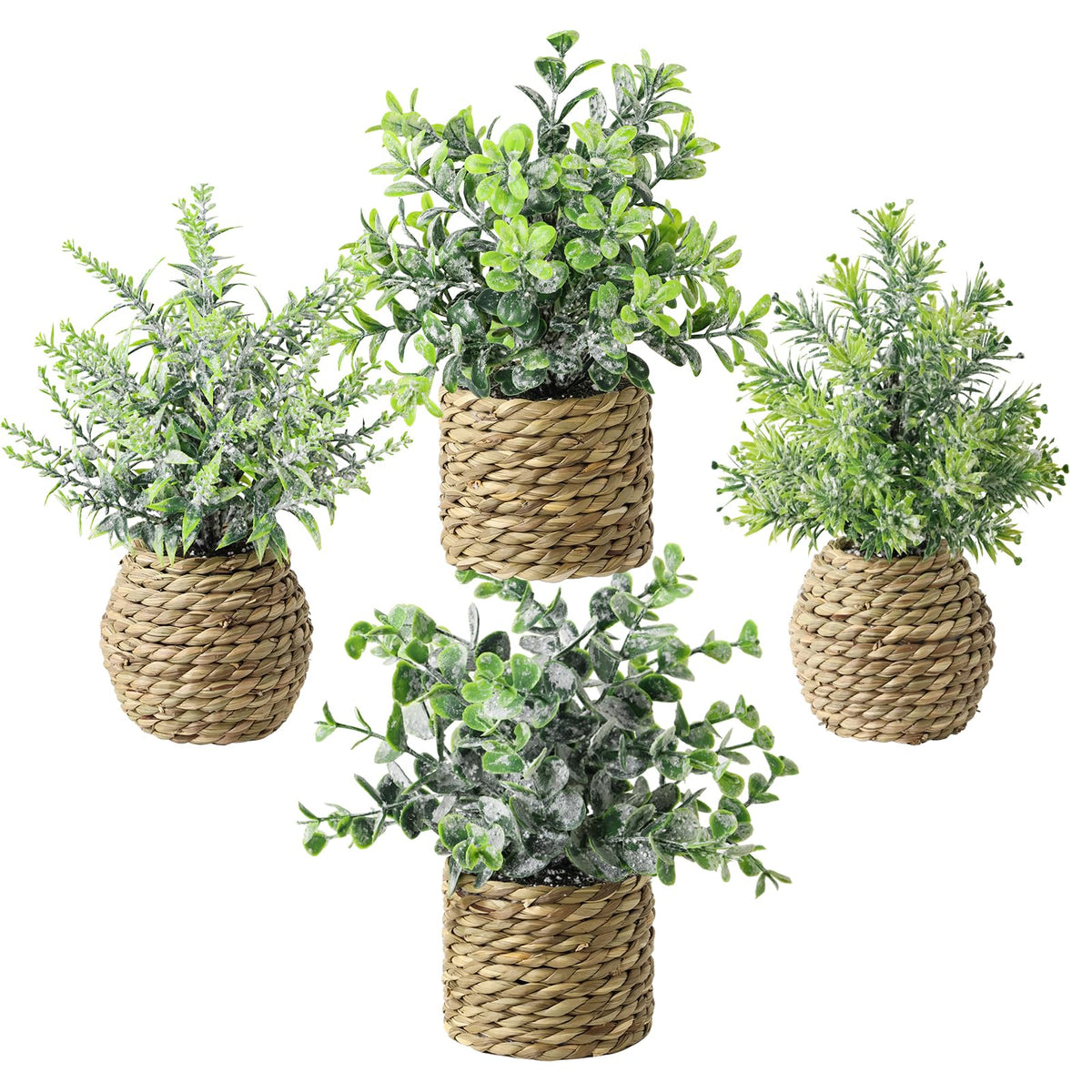 Treory small fake potted plants with seagrass planters for durable farmhouse decor.