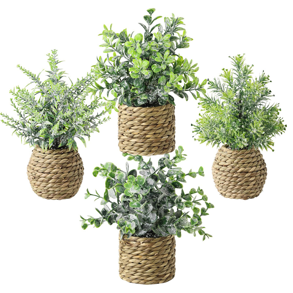 Treory small fake potted plants with seagrass planters for durable farmhouse decor.