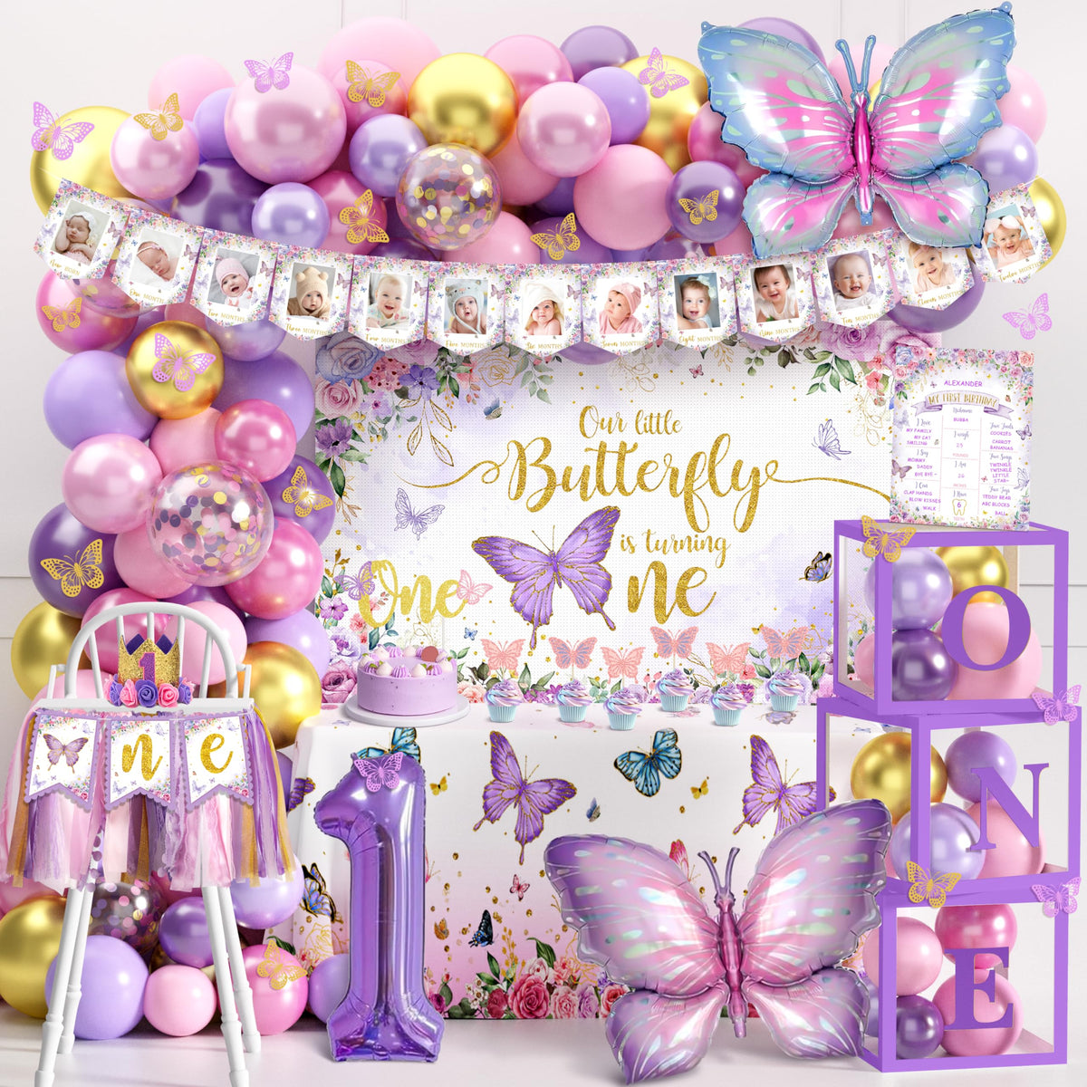 TREWAVE butterfly first birthday balloon arch for pink purple party creates a festive centerpiece