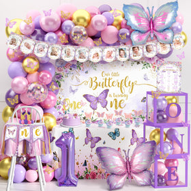 TREWAVE butterfly first birthday balloon arch for pink purple party creates a festive centerpiece