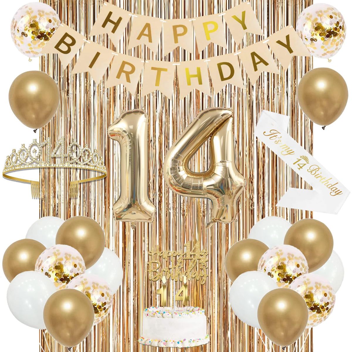Trgowaul 14th birthday banner in champagne gold for photo-worthy moments.