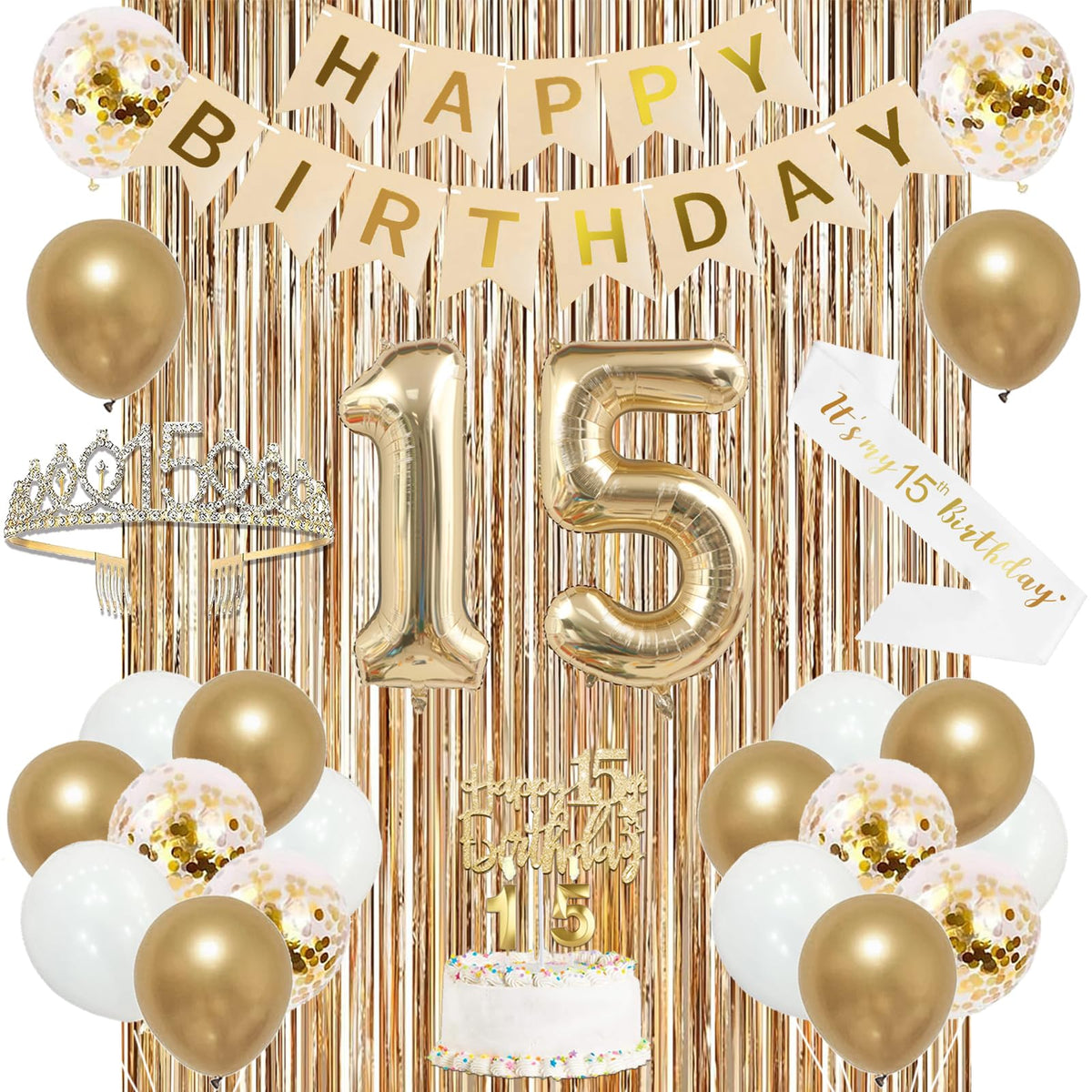 Trgowaul 15th birthday banner in champagne gold for festive photos