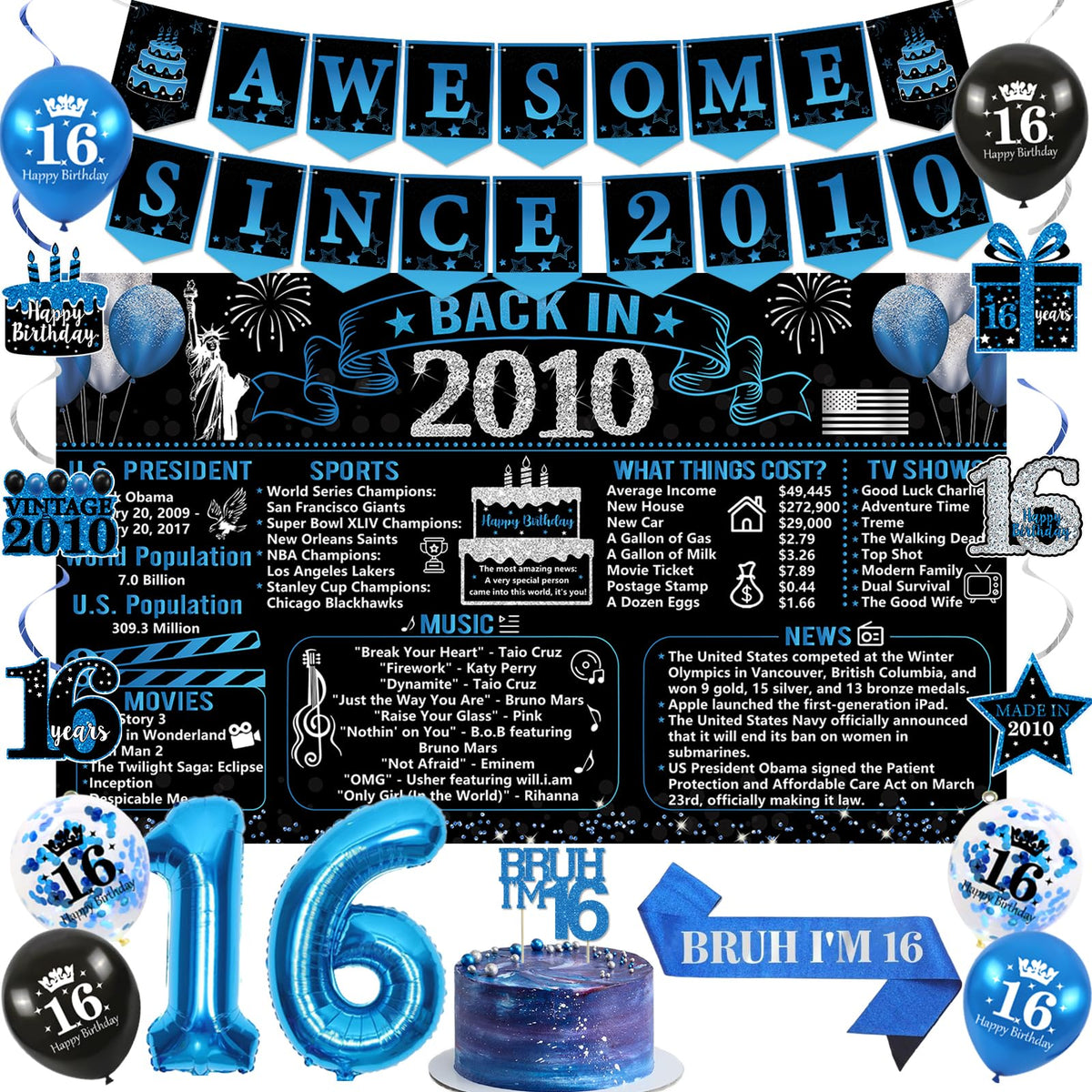 Trgowaul 16th birthday banner backdrop in black and blue for a bold party look