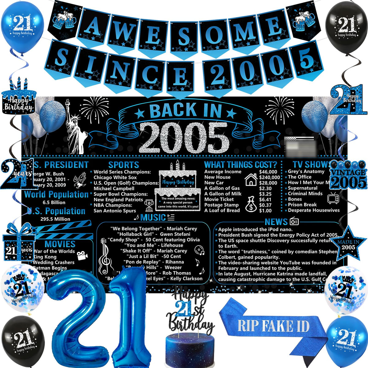 Trgowaul 21st birthday decor backdrop in black and blue for a bold party vibe