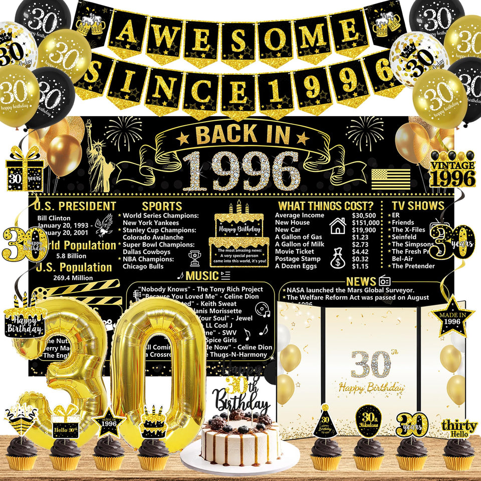 Trgowaul 30th birthday banner for a chic black-gold backdrop.