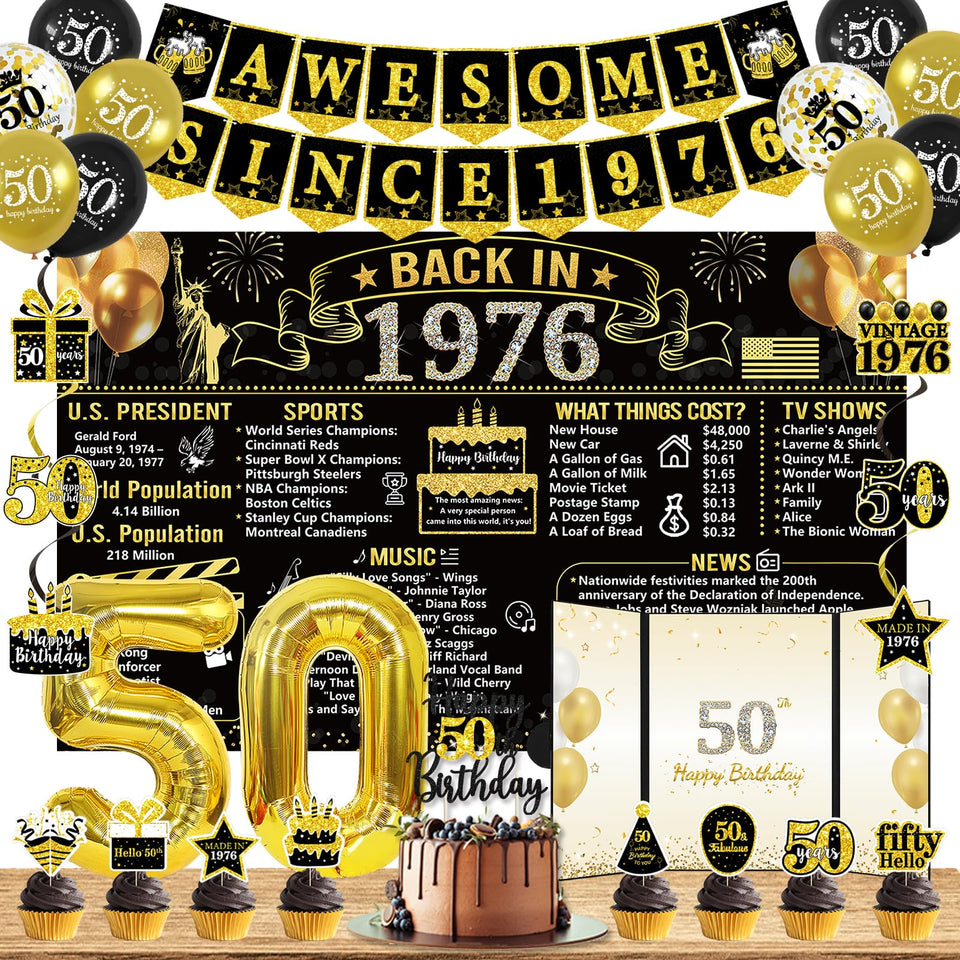 Trgowaul 50th birthday banner in black and gold enhances elegant photo backdrops.