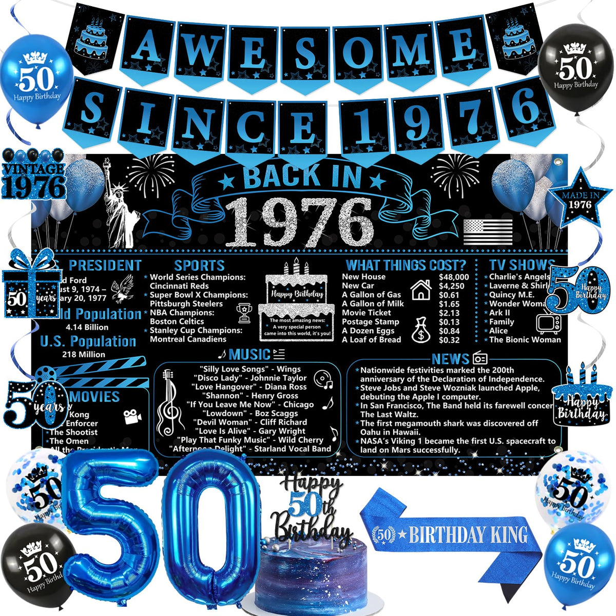 Trgowaul back-in-1976 poster banner for a dramatic 50th birthday backdrop.