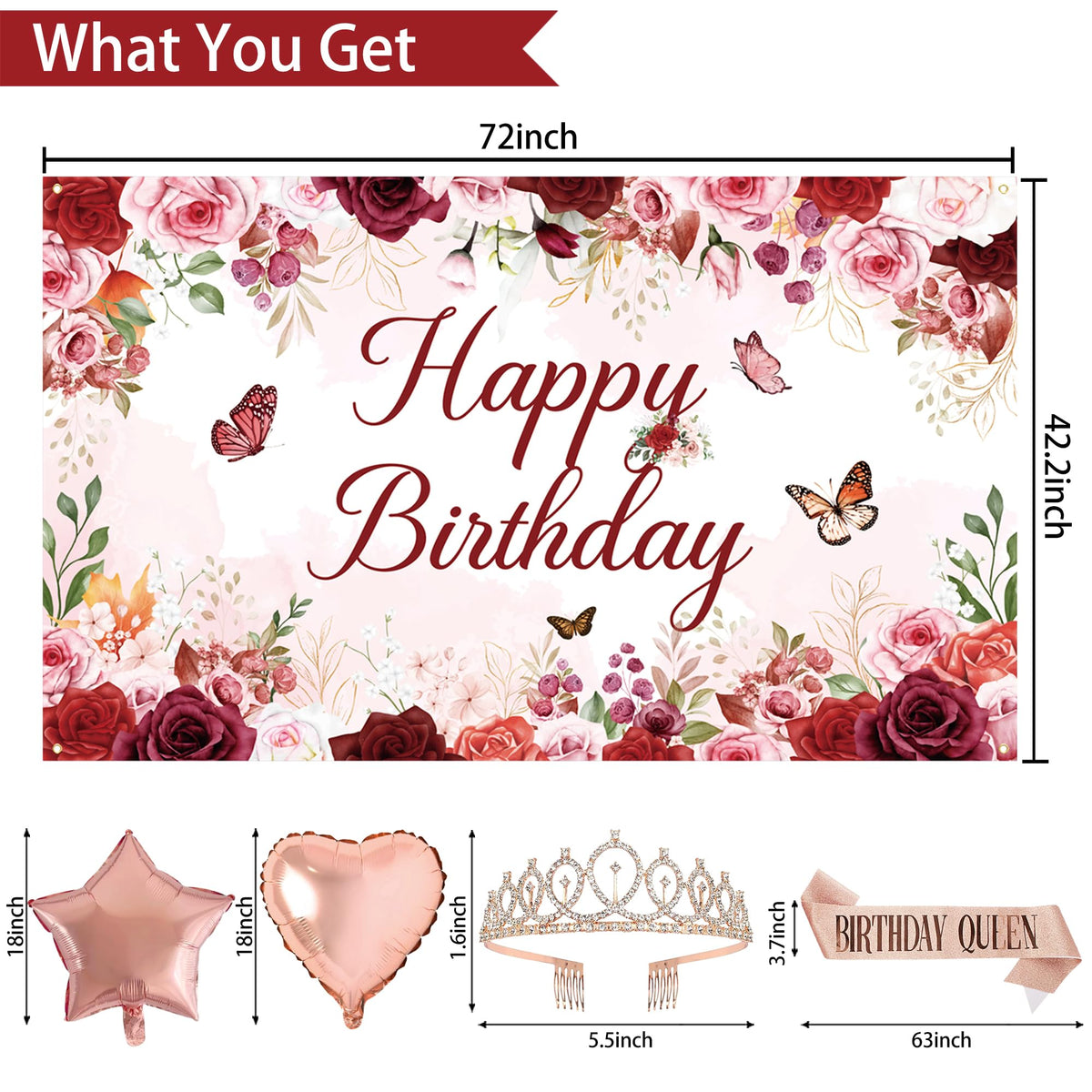 Trgowaul birthday queen sash with glitter rose gold lettering