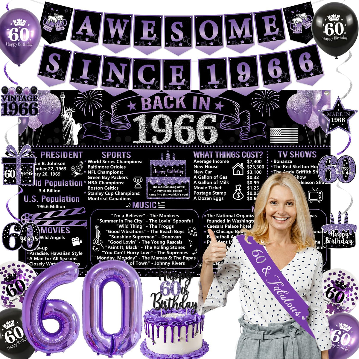 Trgowaul black purple 60th banner adds a classy, festive vibe to celebrations.