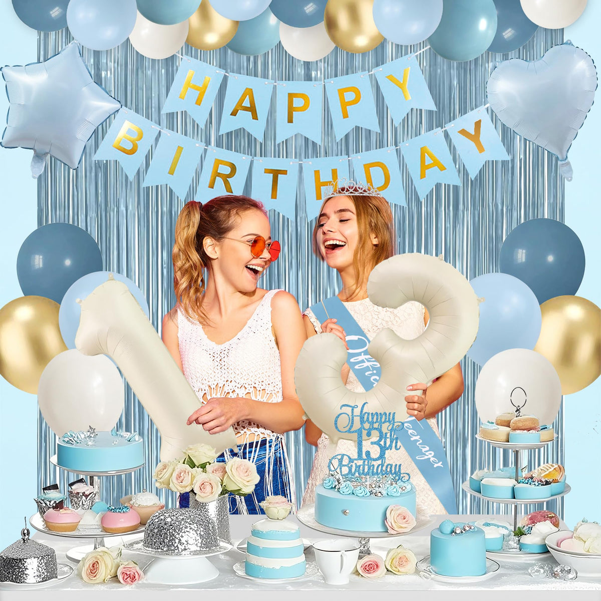 Trgowaul blue fringe curtains create a playful party backdrop