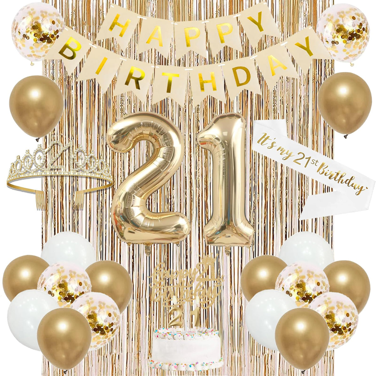 Trgowaul champagne gold 21st banner enhances the party decor