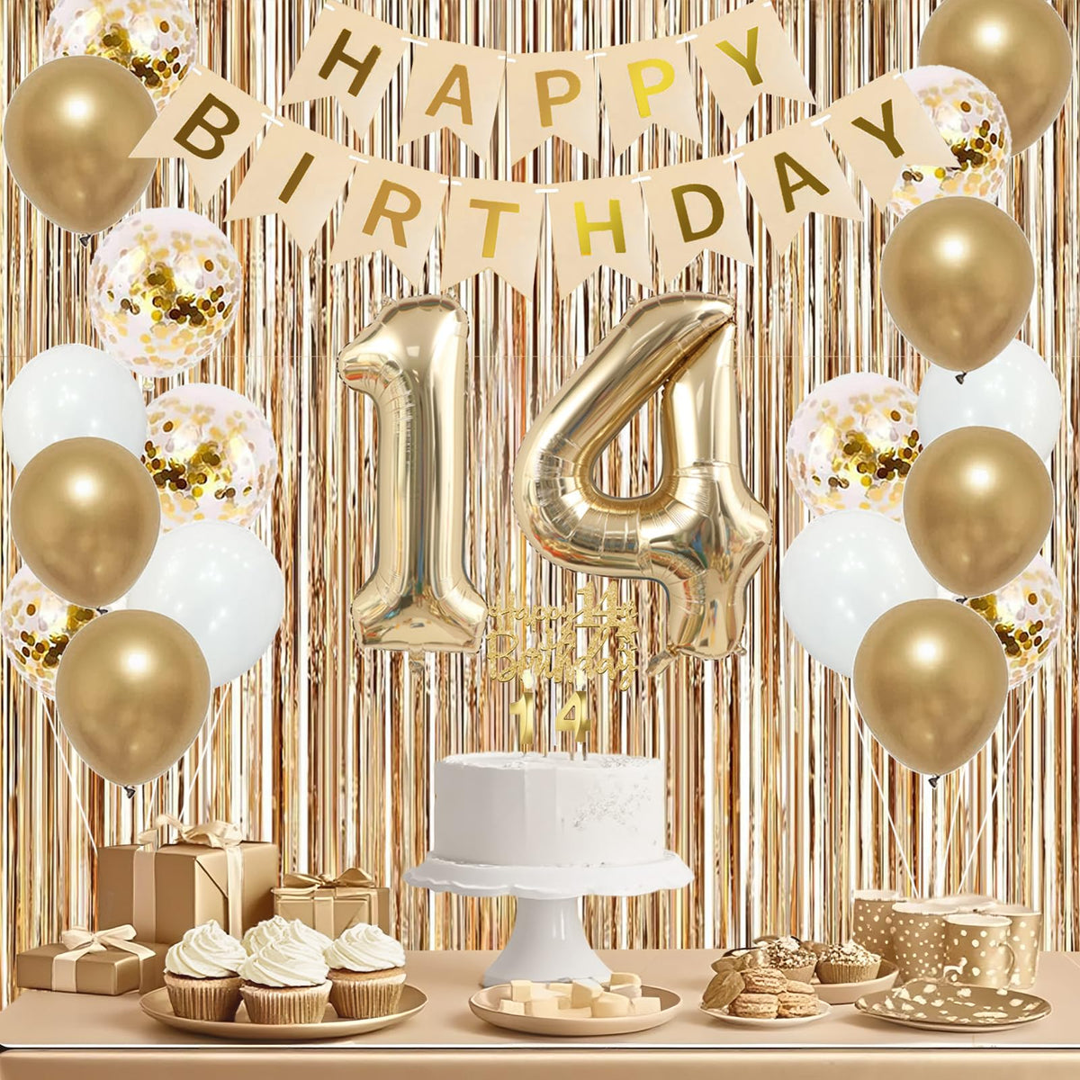 Trgowaul foil number 4 balloon complements the 14th birthday setup.