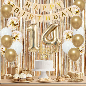Trgowaul foil number 4 balloon complements the 14th birthday setup.