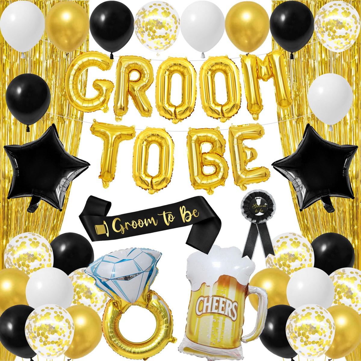 Trgowaul Groom To Be banner with gold fringe backdrop enhances engagement party photos