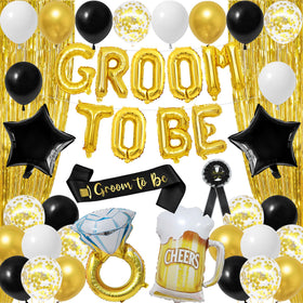 Trgowaul Groom To Be banner with gold fringe backdrop enhances engagement party photos