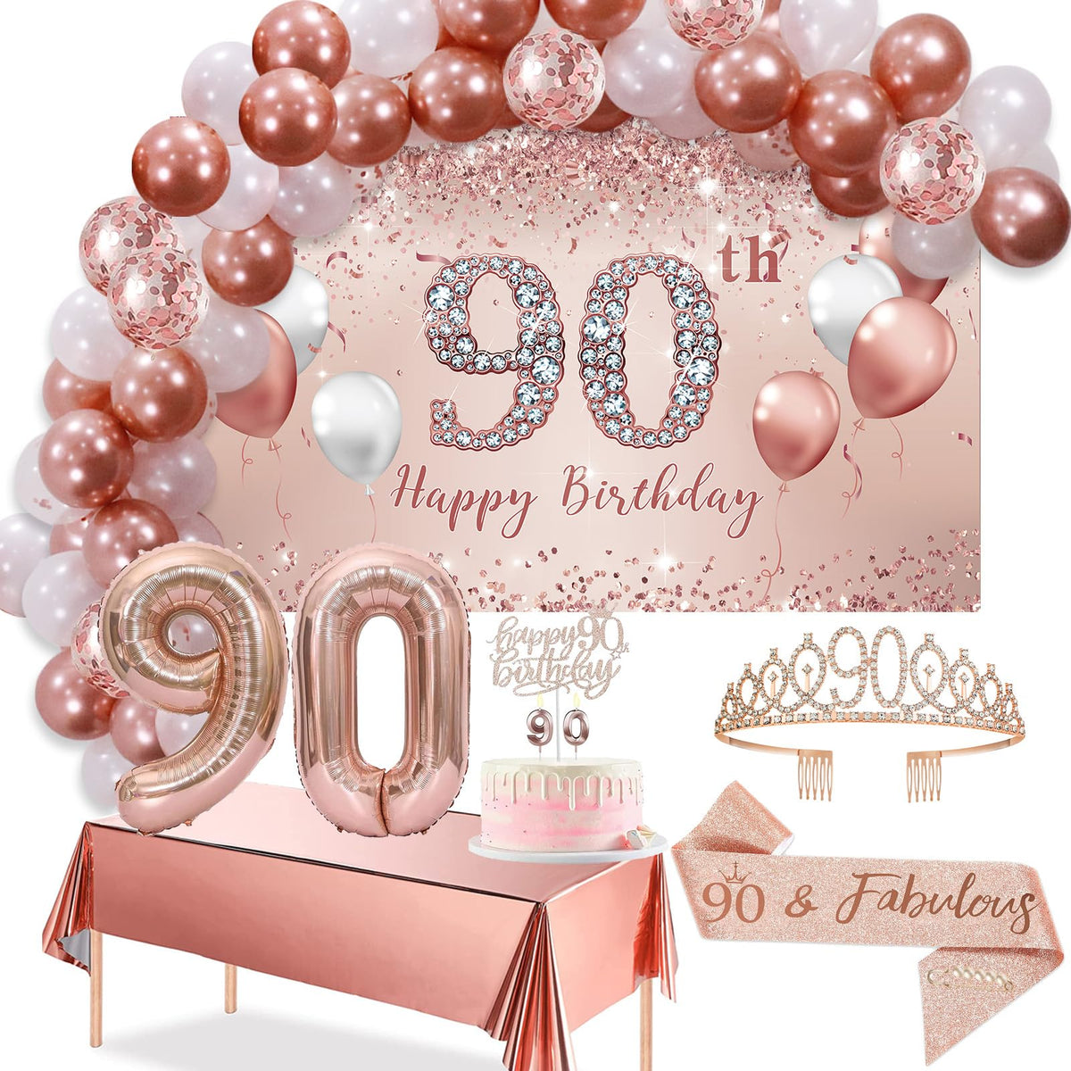 Trgowaul rose gold 90th banner acts as an elegant backdrop for photos.
