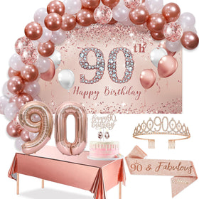 Trgowaul rose gold 90th banner acts as an elegant backdrop for photos.